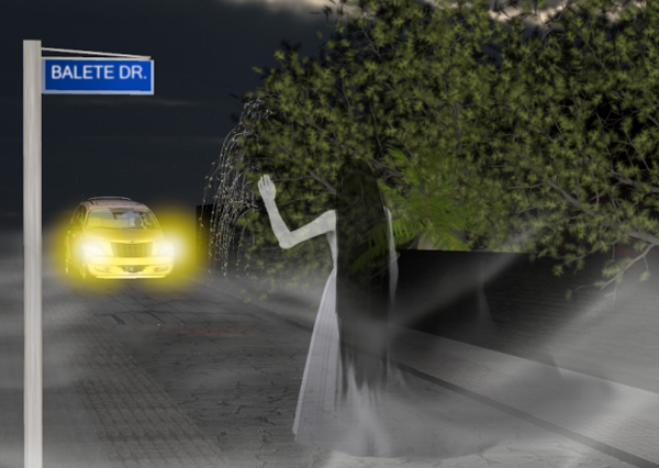 איור של שדירת באלט במנילה: רוח רפאים לבנה עוצרת רכבים בלילה. באדיבות הבלוג תאי-הורור