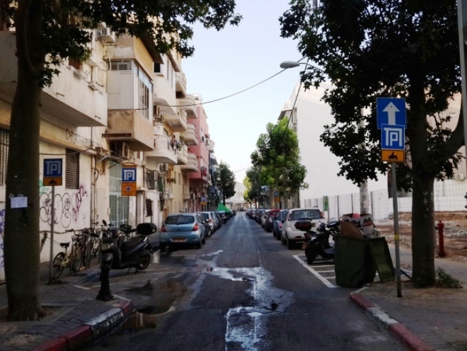 רחוב בן עטר, עם שני עצים בקצה צדו המזרחי, 10 באוגוסט 2013