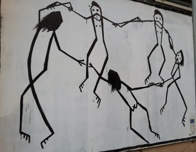 ציור הקיר של אורן פישר לפני שכוסה בפח, רחוב אבולעפיה, 22 בנובמבר 2014