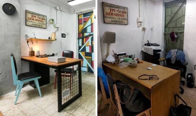שולחן המכירה לפני (מימין) ואחרי (משמאל). מאחור נראה גם השינוי בדלת האחרוית של בית המלאכה (צילומים:) 