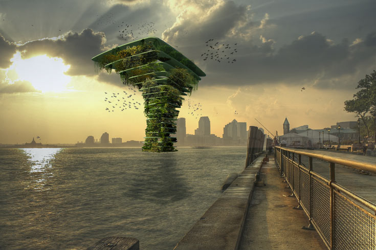 אי ירוק בים? עץ ירוק בים: כך אפשר להוסיף שטח מיוער לעיר הגדולה והמזוהמת, מבלי לגרוע ממנה שטחים יקרים (הדמיה: Architect Koen Olthuis , Waterstudio.NL)