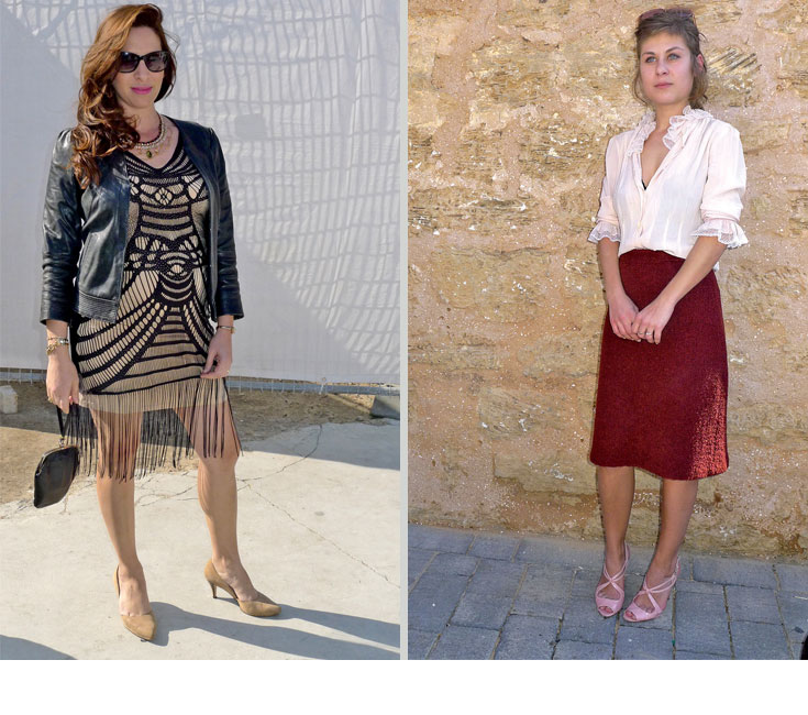 מריה ברמן (מימין): חולצה: וינטג' של אוסקר דה לה רנטה; חצאית: של אמא; נעליים: Cheap & Chic של מוסקינו.  קרן וולף (משמאל): שמלה: אמריקן אפרל;עליונית: וינטג' מפריז; נעליים: מיפן; ז'קט: קייט מוס לטופשופ; תכשיטים ותיק: קרן וולף; משקפי שמש: שאנל  (צילום: אביב ברטלה)