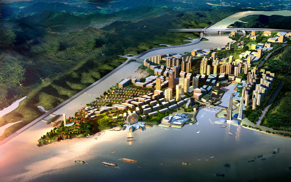 פרויקט הלטאה הוא חלק מתכנון העיר צ'ונגצ'ינג, הגדולה ביותר בעולם. הסינים מתכננים להגדילה ל-60 מיליון נפש. לצורך מטרה זו הם מתכננים להציף נהר ולשנות את פני השטח. התוכנית מציגה את מרכז העיר הכולל מעגן ליאכטות ולסירות קטנות (באדיבות PTW ARCHITECTS)