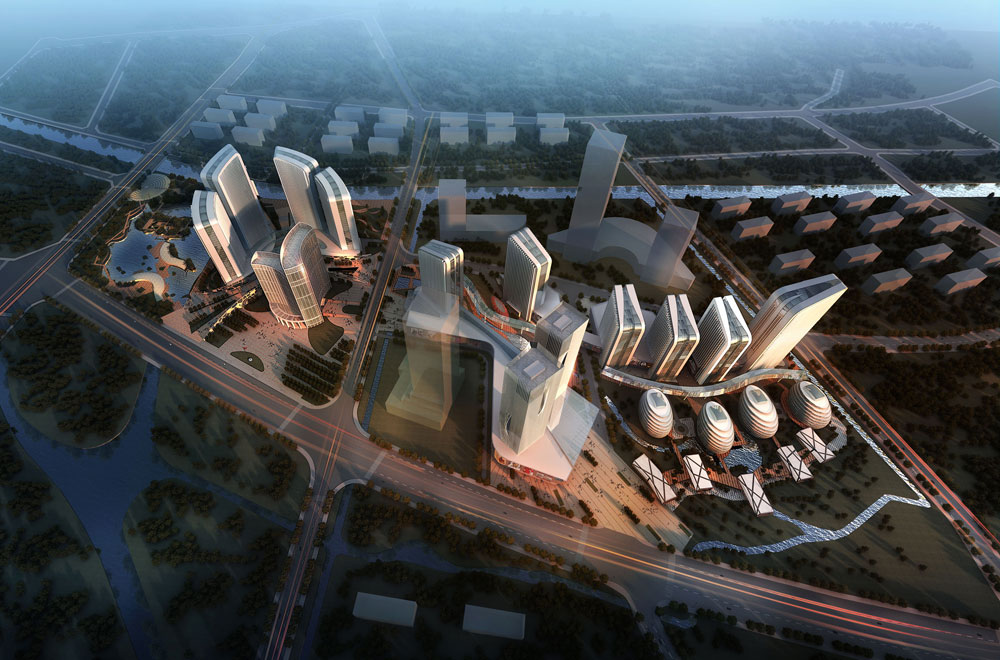 תכנון מרכז עיר הסמוכה לקונמינג, שכלל אזורי מסחר, משרדים, מגורים ומבני ממשלה, אך לא יצא לפועל. הרשויות הן בעלות הקרקע ומעורבות במרבית הפרויקטים (הדמיה: Shanghai Sunyat Architecture Design Co. LTD)