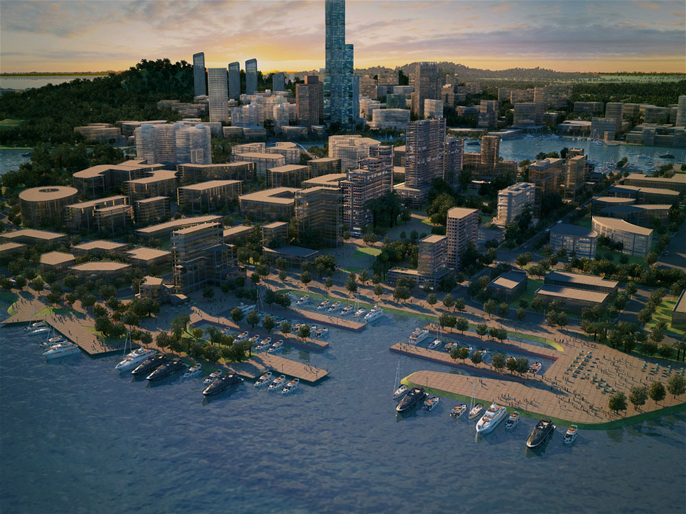  Weihai Double Island Bay – תכנון של 45 קמ"ר, מהם 12 קמ"ר מים. מדובר על יותר מ-3 מיליון מ"ר תכסית בנויה, שכוללת מסחר, תעשייה, מגורים, אוניברסיטאות, תרבות, שטחים פתוחים וחופים. הפרויקט שבו מעורב עודד נרקיס תוכנן במסגרת תחרות (באדיבות IBI Group  Shanghai)