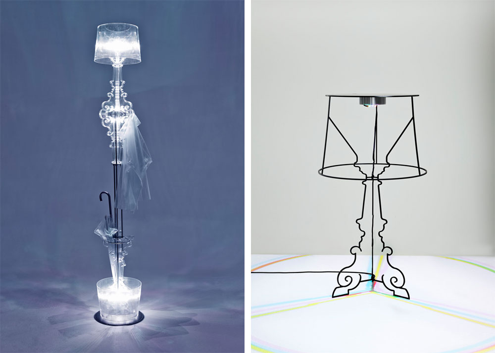 היוקרתיות: Ludovica עם רוברטו פאלומבה מדגישים (מימין) את הסקיצה של המנורה המקורית ואת קווי המתאר שלה; מריו בליני (משמאל) מחבר שתי מנורות ליצירת גוף תאורה חדש לגמרי (באדיבות Kartell)