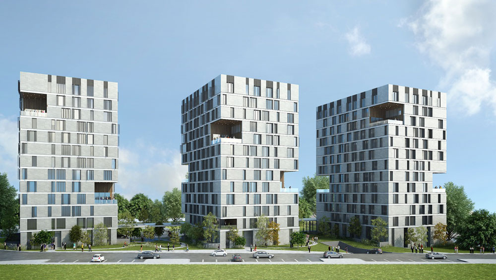 כך ייראו שלושת הבניינים החדשים של המעונות, בתכנון שורץ-בסנוסוף. 13 קומות עם 770 מיטות, בדרום-מזרח הקמפוס (תכנון: שורץ בסנוסוף אדריכלים)