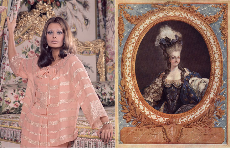 איור של מארי אנטואנט (מימין) וסופיה לורן  בהפקת אופנה בארמון ורסאי. בגדי היוקרה הדקדנטיים תמיד נשארים בתמונה (צילום: gettyimages, rex)