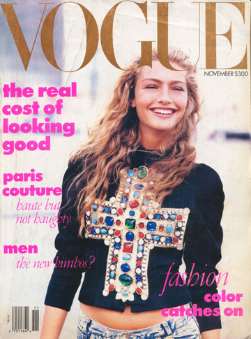 מיכאלה ברקו בחולצה עם צלב על שער מגזין ווג האמריקאי, נובמבר 1988