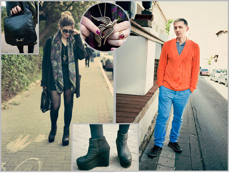 אלכס (מימין): מכנסיים, סוודר ; וחולצה: H&M; נעליים: אולסטאר. איה מלמד חי (משמאל): משקפי שמש: שאנל; צעיף: עמנואל; שרשרת: Accessorize; סוודר ונעליים: H&M; שמלה: A+; תיק: הילה טולדנו (צילום: אלה אוזן)
