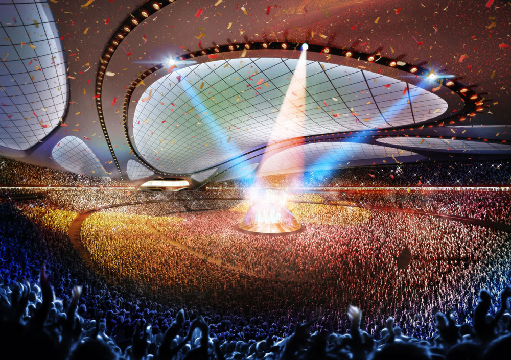 פרויקט עכשווי של זאהה חדיד: האצטדיון הלאומי החדש של יפן, שמתוכנן לארח את אולימפיאדת 2020 אם יפן תזכה בה. עבודה במודל תלת-ממדי משלב הקונספט ועד תוכניות העבודה (הדמיה: Courtesy of zaha hadid Architects)