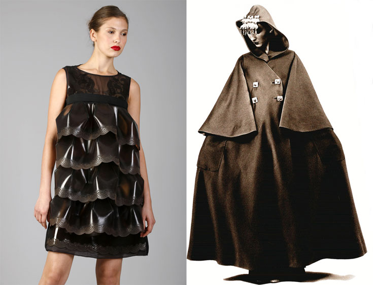 דגם של משכית (מימין) ופרויקט הגמר של שרון טל. ''היום קל יותר למכור מרגרינה מאשר שמלה של משכית'', אומרת רות דיין