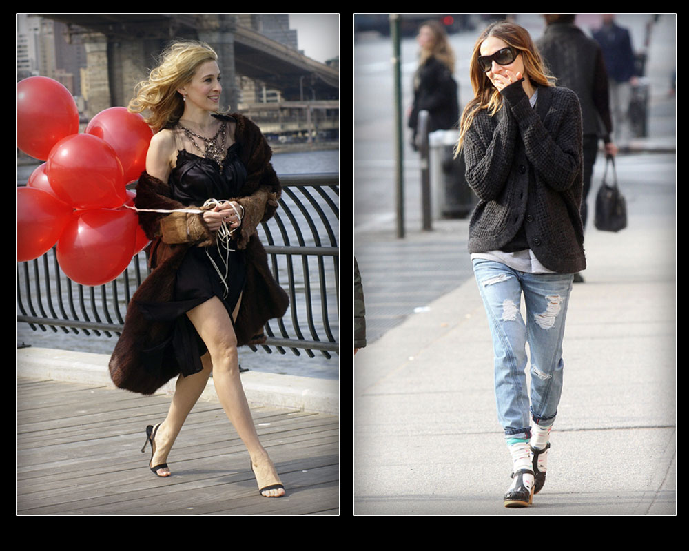 שרה ג'סיקה פרקר בנעליים נוחות ברחובות ניו יורק (מימין) ובסדרה "סקס והעיר הגדולה". ''במשך עשר שנים או יותר רצתי – פשוטו כמשמעו - בנעלי עקב'' (צילום: rex ו gettyimages)