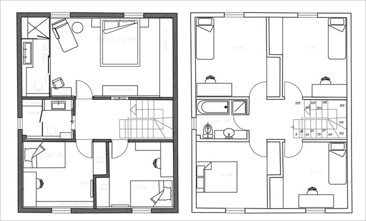 מימין: תוכנית קומת המגורים "לפני". ארבעה חדרים. משמאל: "אחרי". שני החדרים שמימין למדרגות אוחדו לחדר אחד שמשמש את ההורים וכולל אזור רחצה