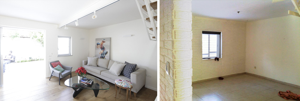 הסלון, לפני ואחרי. נשאר במקומו המקורי, אך הרוויח הרבה אור כתוצאה מהגדלת היציאה לגינה (צילום אחרי: אביעד בר נס)