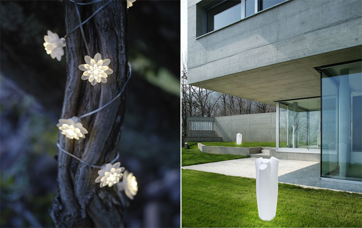 מימין: גופי תאורה מפוסלים בצורת גזע עץ. 3,178 שקלים, ''קמחי תאורה''. משמאל: שרשרת מנורות סולאריות בצורת פרחים. 89 שקלים, ''איקאה''