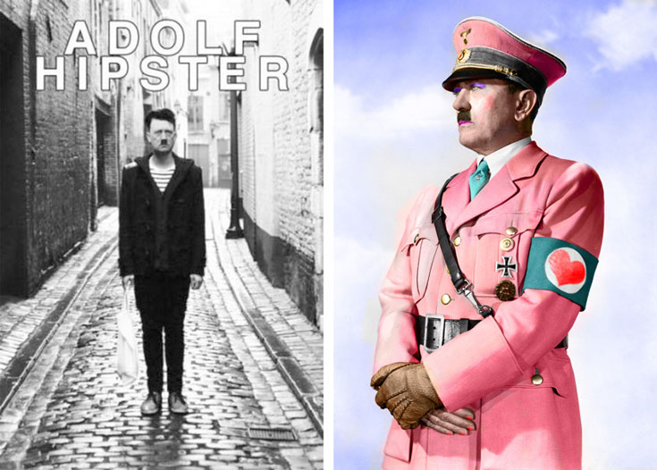 הקמפיין של חברת האופנה האיטלקית New Form (מימין) וסאטירה על היטלר שמסתובבת ברשת בשם ''אדולף היפסטר''