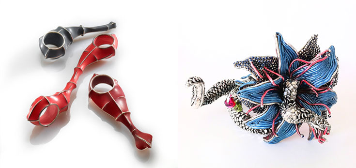 תכשיטים של שני פרי-נס (מימין) וגרגורי לרין. צורפים ומעצבים קונספטואליים, שעיצוביהם מהווים חלק משיח רחב על עיצוב ואמנות 