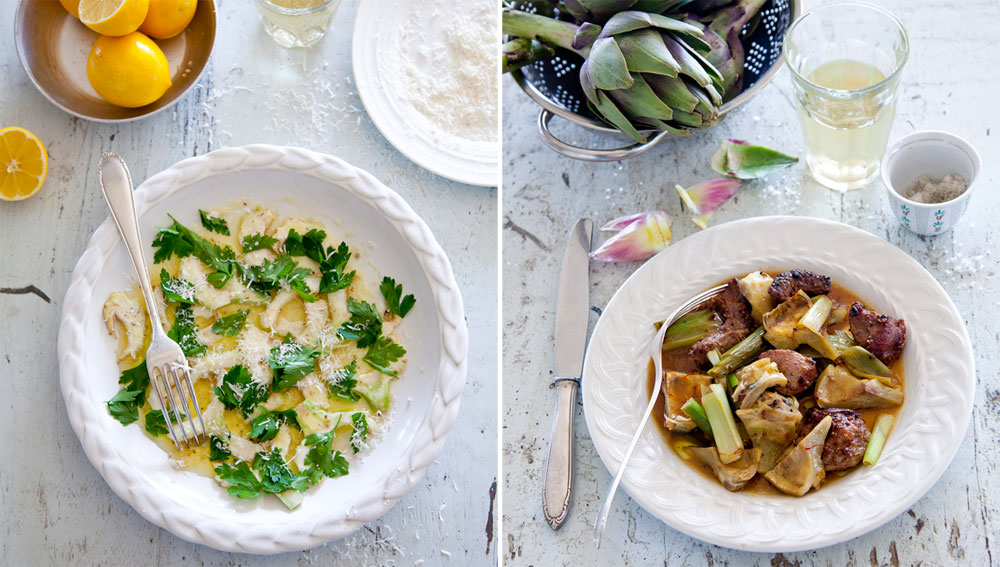 מימין:תבשיל טלה ולבבות ארטישוק עם זעפרן ; משמאל:  לבבות ארטישוק ועלי פטרוזיליה  (צילום: יוסי סליס)