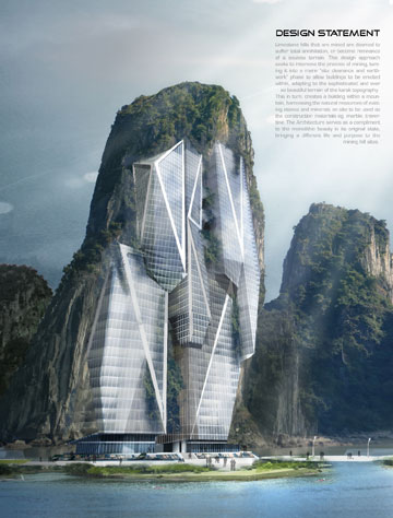 "מגדל אבן הגיר". בהשראת מפרצים בסין ובווייטנאם (באדיבות:eVolo Skyscraper Competition )
