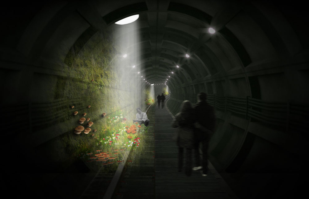 ההצעה הזוכה בתחרות למציאת היי-ליין לונדוני: מסילה תת-קרקעית נטושה של חברת הדואר המלכותית העוברת מתחת לרחוב אוקספורד כחווה לגידול פטריות (הדמיה: Fletcher Priest Architect )