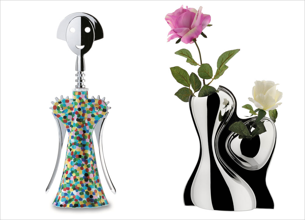 מימין אגרטל פרחים של רון ארד, משמאל פותחן הבקבוקים האיקוני של אלסנדרו מנדיני. תפיסה עיצובית יצירתית, שמעניקה יחס שווה לכלי שולחן ולכלי בישול (באדיבות מוזיאון אלסי איטליה, Alighiero Boetti)