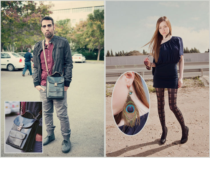 ולריה (מימין): משקפיים: קרולינה למקה; עגילים: דיווה; שמלה: YOOP; גרביונים: ORI; נעליים: מלונדון. ליאור (משמאל): חולצה ונעליים: H&M; ז'קט: ZARA; מכנסיים: טופמן; תיק: מחנות יד שנייה בברלין (צילום: אלה אוזן)