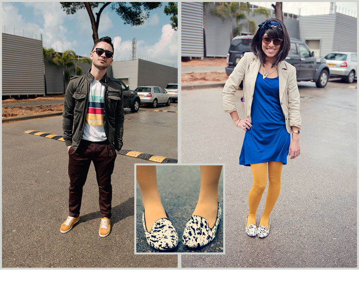 טליה כהן (מימין): סרט (לשיער): קאלה; משקפיים: שוק הפשפשים; שרשרת: וינטג׳; שמלה וז'קט: ZARA; נעליים: אלדו. פליקס אלמן (משמאל): חולצה: רנואר; מכנסיים: טופמן; נעליים: ZARA (צילום: אלה אוזן)