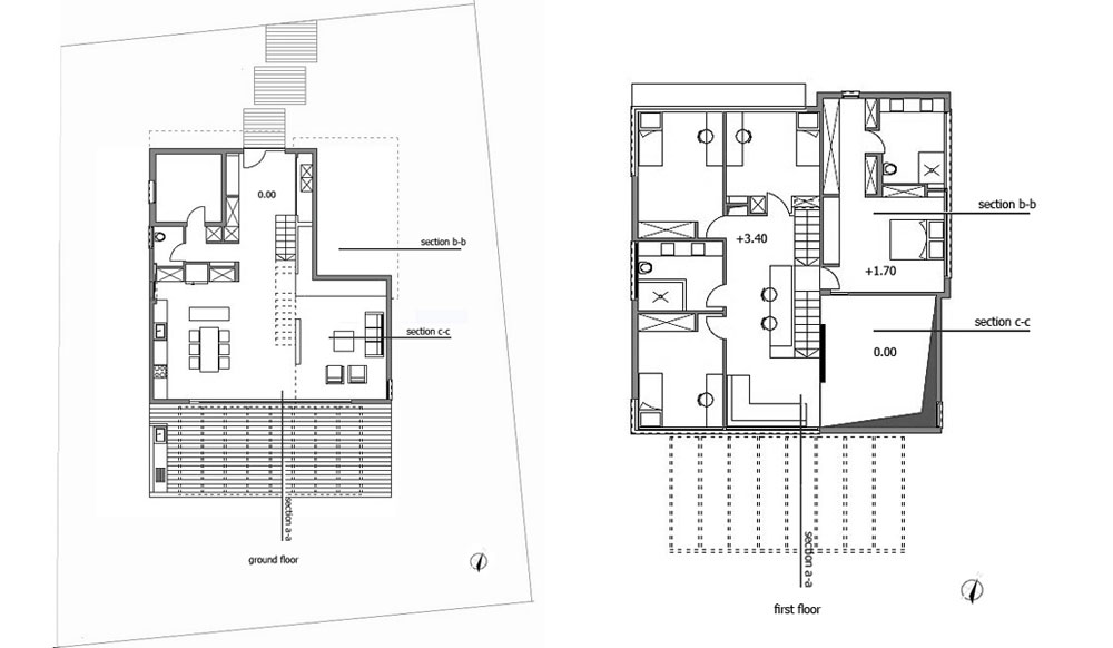 תוכנית הבית. משמאל: קומת הכניסה. מימין: מפלס ההורים (גובה 1.70 מטר) וקומת חדרי הילדים (גובה 3.40 מטר) (באדיבות שרון נוימן )