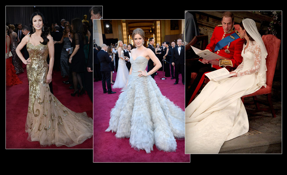 מקורות ההשראה: השמלה של קייט מידלטון ושמלות האוסקר: איימי אדמס (במרכז) וקתרין זטה ג'ונס (צילום: gettyimages)