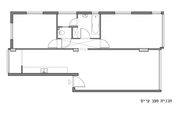 תוכנית הדירה, ''לפני'': צרה וארוכה, עם שתי מרפסות שירות (באדיבות studio 37)