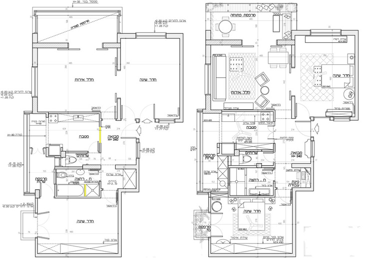 תוכנית הדירה אחרי השיפוץ (מימין) ולפני. מעט שינויים מבניים נעשו בה: המרפסת הסגורה נפתחה מחדש, ואזור המטבח וחדר הרחצה אורגן בצורה נוחה יותר (תכנון: Studio GOLANALON)