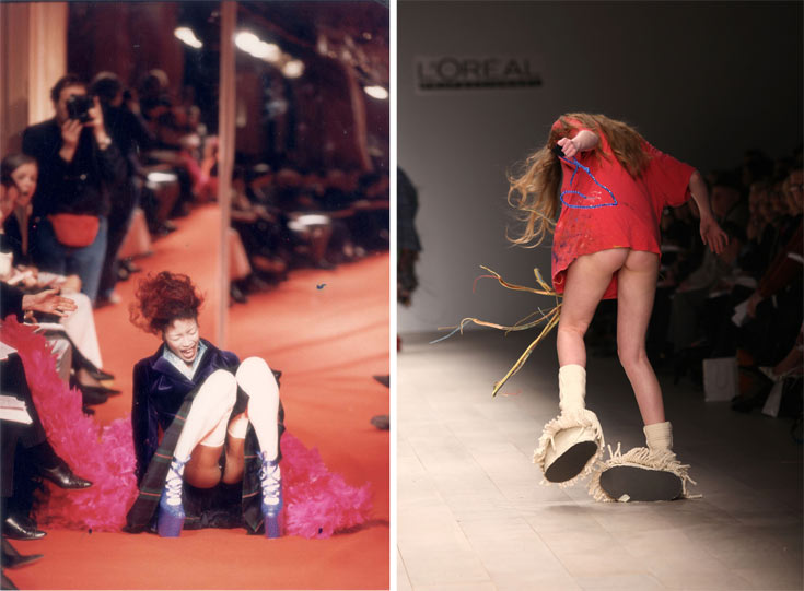 סיכון מקצועי: תצוגת האופנה של בוגרי סנטרל סיינט מרטינס בלונדון השנה (מימין) ונעמי קמפבל בתצוגת האופנה של ויויאן ווסטווד, 1993 (צילום: gettyimages)