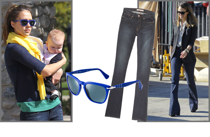 ג'סיקה אלבה הצטיידה לאחרונה במשקפי שמש (משמאל) מדגם קאפרי של פרסול (1,163 שקל) ובג'ינס של המותג J Brand  לרשת עמנואל (952 שקל) (צילום: splash/asap creative)