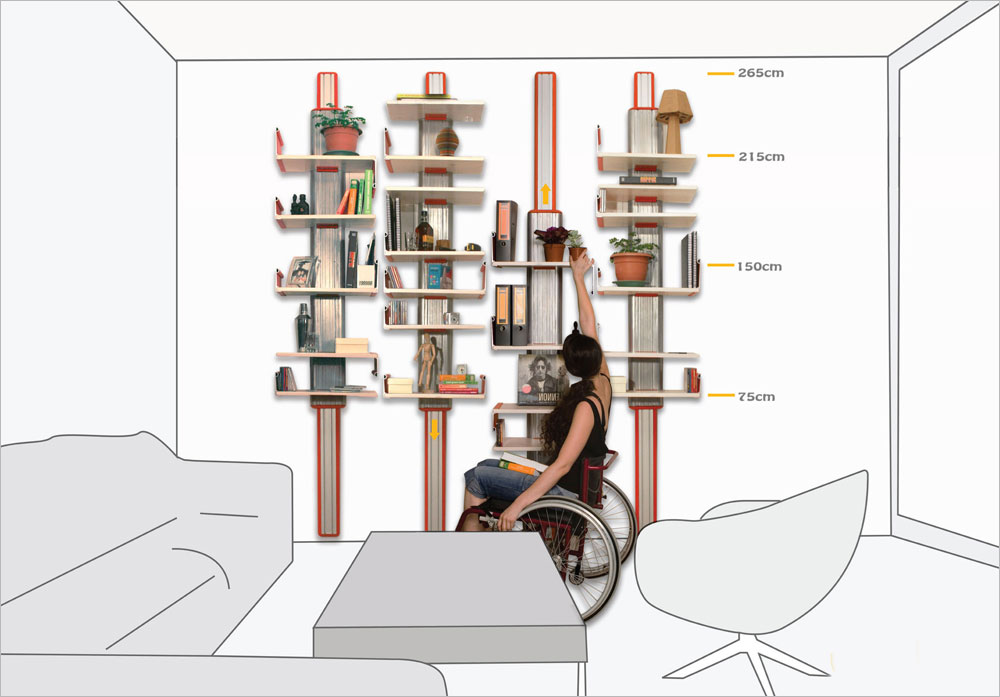 הזוכה במקום הראשון בתחרות ''תחשוב טוב 2013'': ספרייה עם מנגנון לשינוי גובה המדפים, שמאפשר גישה ליושבים בכיסא גלגלים. עיצוב: דנה יחיא-שווקמן (באדיבות תחשוב טוב 2013 – עמותת מילבת)