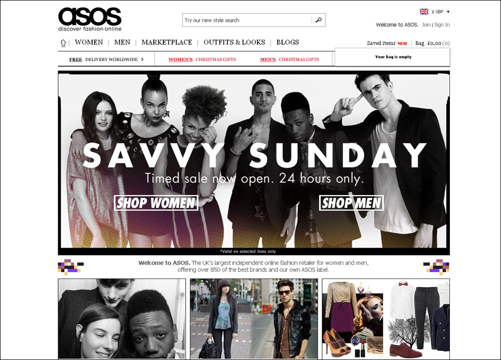 אתר Asos, לפני השריפה במחסני הסחורה. הפך לאתר המוביל ברכישת אופנה אונליין בזכות שילוב של שירות מוקפד ויעיל, תמחור הגיוני ותמהיל טרנדי ומסחרי הפונה לקהל רחב ככל האפשר (מתוך asos.com)