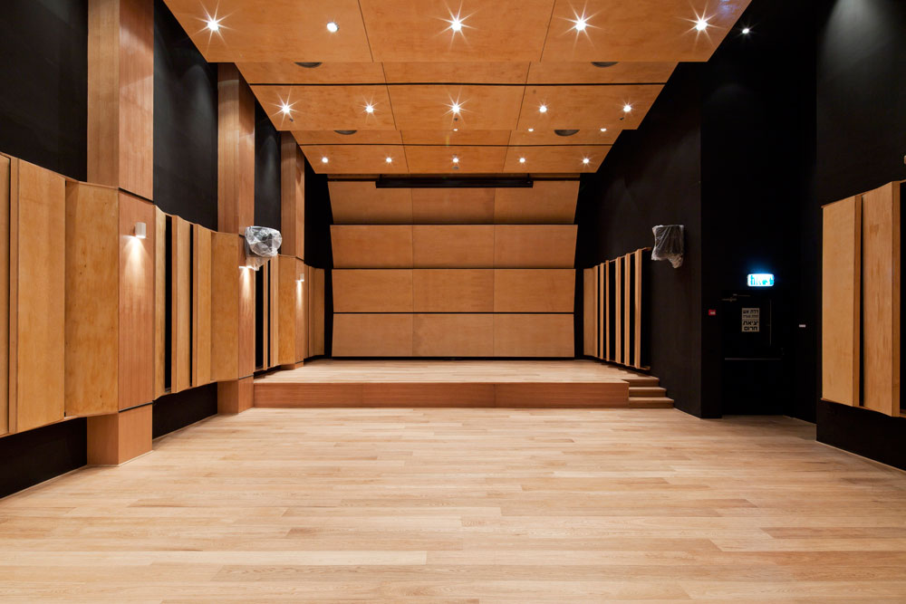 האולם הקטן, שישמש בעיקר להקלטות, מכיל 80 עד 100 מקומות ישיבה. קורות ומשטחים של עץ אלון, ושאר מרכיבים לשיפור האקוסטיקה המקצועית הנדרשת (צילום: אביעד בר נס)