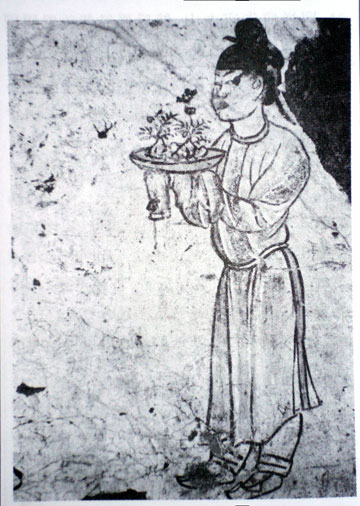 איור עתיק של אמנות הבונסאי (פינג'ינג) מתוך ציורי הקיר בקיאנלינג מוזילאום בסין (צילום: Public Domain)