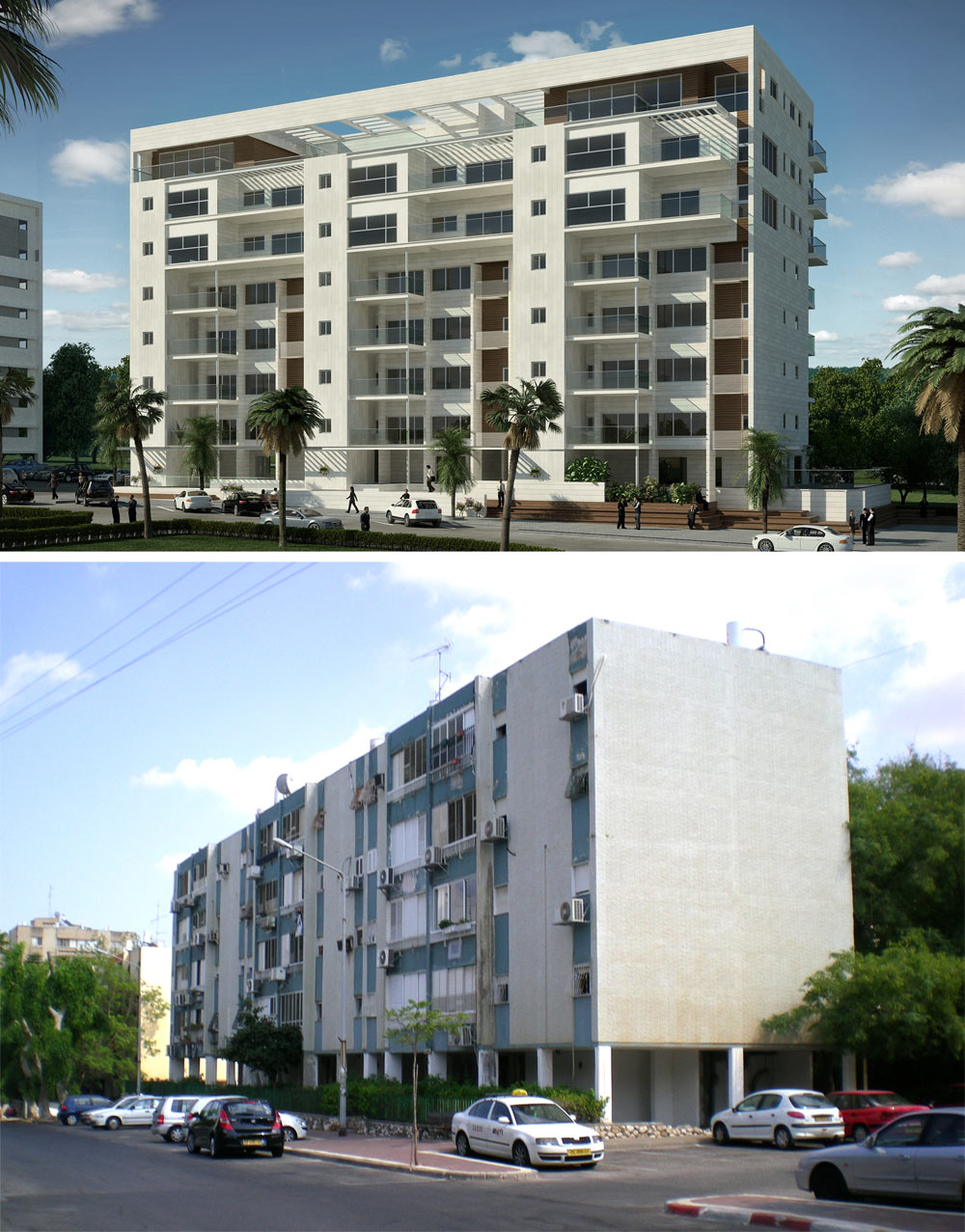 הפרויקט ברחוב שטרן בקרית אונו - לפני ואחרי (צילום והדמיה: יואש ינקוביץ, Oleg 55 Design)