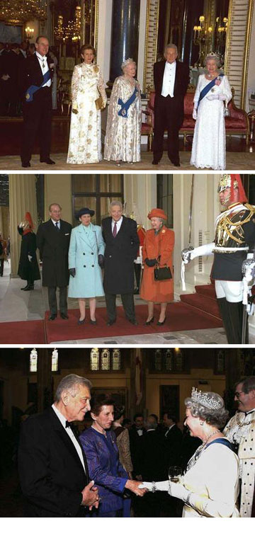 עזר וראומה ויצמן בפגישה עם מלכת אנגליה, 1995. "היא אמרה שהעיצובים שלי הרבה יותר טובים משל המעצב הפרטי שלה" (צילום: סער יעקב, לע''מ)