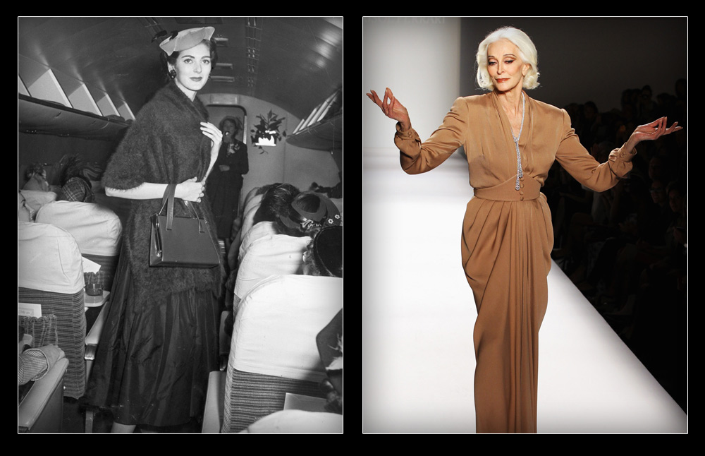 הדוגמנית הקשישה בעולם. כרמן דלאורפיצ'ה בשנת 1955 (משמאל) ועל המסלול בשבוע האופנה בניו יורק לאביב-קיץ 2013 (צילום: gettyimages)