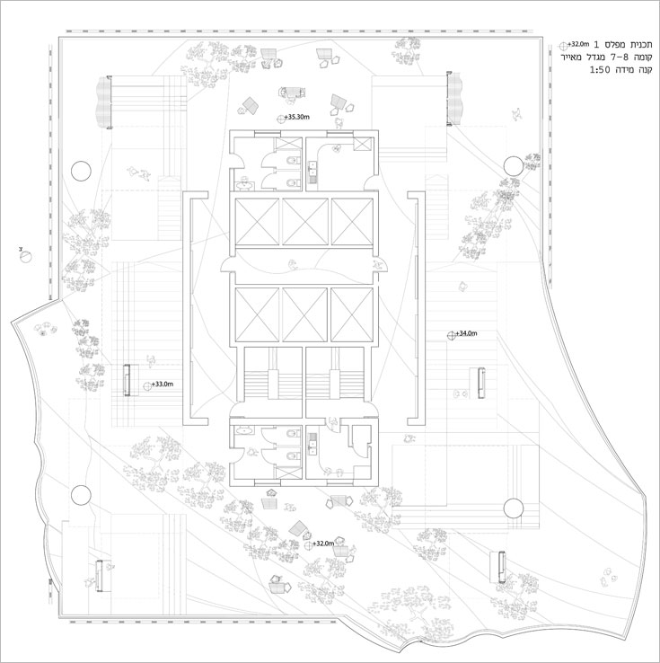 מתוך הפרויקט של הילה נבו: תוכנית הקומות השביעית והשמינית במגדל מאייר בשדרות רוטשילד, שאותן הפכה לשטח ציבורי פתוח (תכנית: הילה נבו)