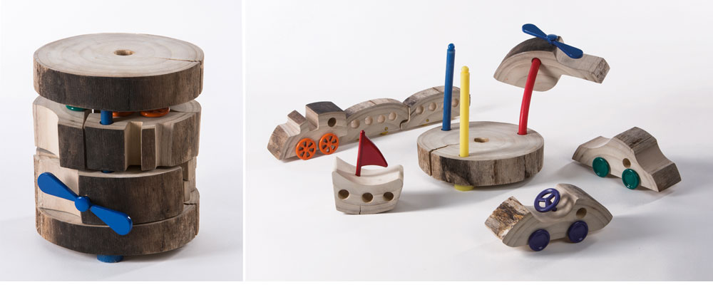 ''בולי'' של איריס בירן: סדרת צעצועים מבול עץ אחד (וכמה יציקות גומי צבעוניות), שמתכנסים בסופו של משחק לכדי צורת גזע, נוח לסידור ולהצבה. שומרים על המורפולוגיה של העץ (צילום: עודד אנטמן)