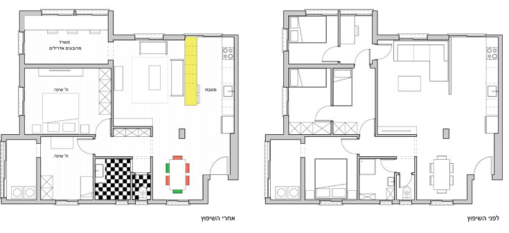 מימין: תוכנית הדירה ''לפני'', עם חמישה וחצי חדרים, רובם קטנטנים. משמאל: התוכנית אחרי שהורדו שני קירות (תכנית: מרובעים אדריכלים)