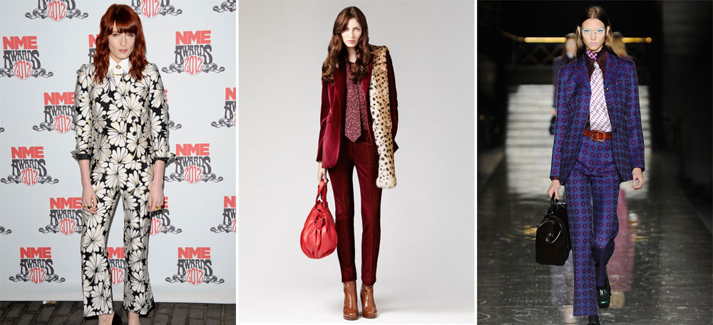 חליפות המכנסיים כובשות את החורף, מימין: בתצוגת האופנה של מיו מיו, בקטלוג של ז'ראר דארל ועל פלורנס וולש בטקס הפרסים של NME