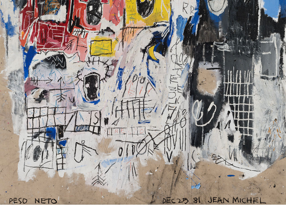 מארג של ציטוטים כתובים, מצוירים ורשומים. עבודה של ז'אן מישל בסקיאט. copyright © The Estate of Jean-Michel Basquiat. Licensed by Artestar, New York (צילום רפרודוקציה: אלעד שריג)