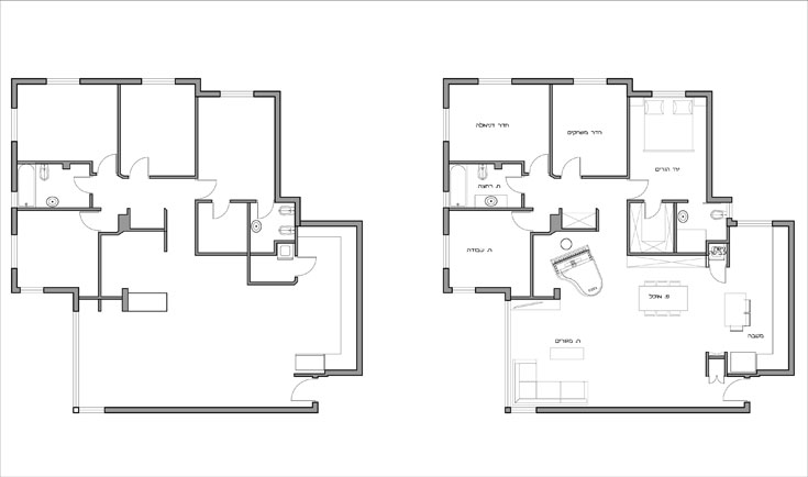 השינויים המבניים בחלוקת הדירה ''לפני'' (בתוכנית משמאל) ו''אחרי'' (מימין) הם קלים: שלושה קירות קטנים הוסרו בחלל המרכזי של הסלון, וארון למעילים נבנה בכניסה. כל היתר הוא הלבשה מחדש של הבית (תכנית: שירי הימן)