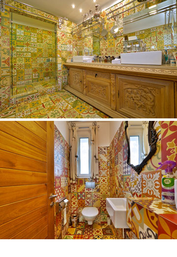 חדרי מקלחת בסגנון חמאם טורקי, עם אריחים מצוירים (צילום: איתי סיקולסקי)