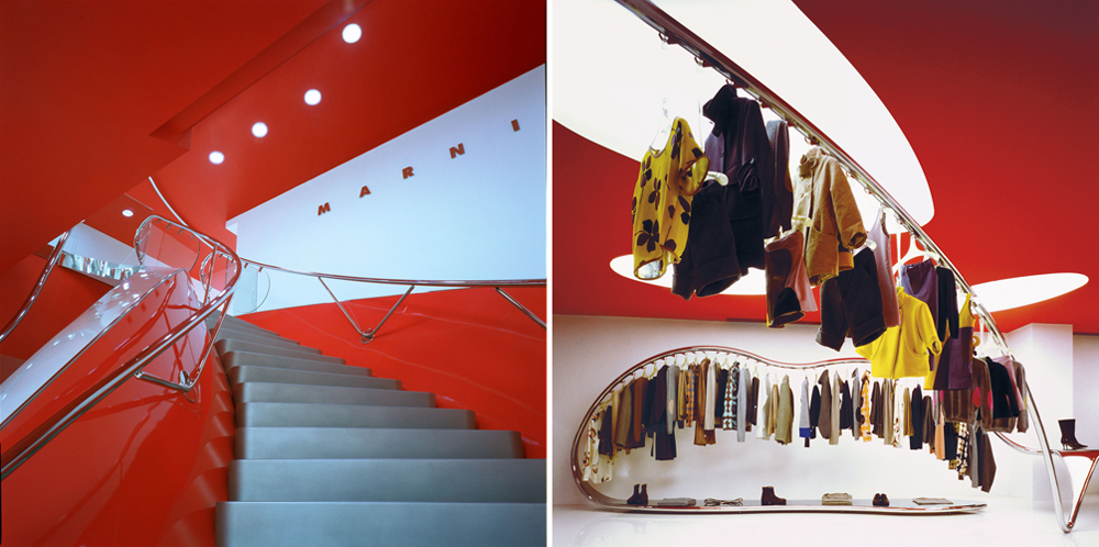 פרויקטים לדוגמה של מרזורטי רונקטי: חנות הדגל של Marni בצ'לסי, לונדון, בתכנון הסטודיו הבריטי Sybarite. אזורי התצוגה המתכתיים כמו צפים באוויר כחומר נוזלי (צילום: Courtesy of Marzorati Ronchetti)