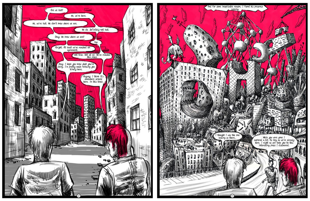 שחור, לבן ואדום עז שולטים בספר הקומיקס של לוי, שמציג סצנות עתידניות מאיימות בסביבה העירונית. חלקן לא עתידניות, למעשה (איור: ניר לוי)